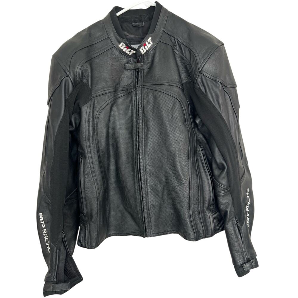 Bilt Racing Mens Black Leather Motorcycle Jacket W/ Armor Size 46 NICE